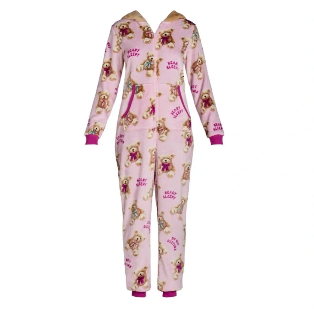 Pink Bear Print Hoodie Pajama Top (XL) - (16/18)